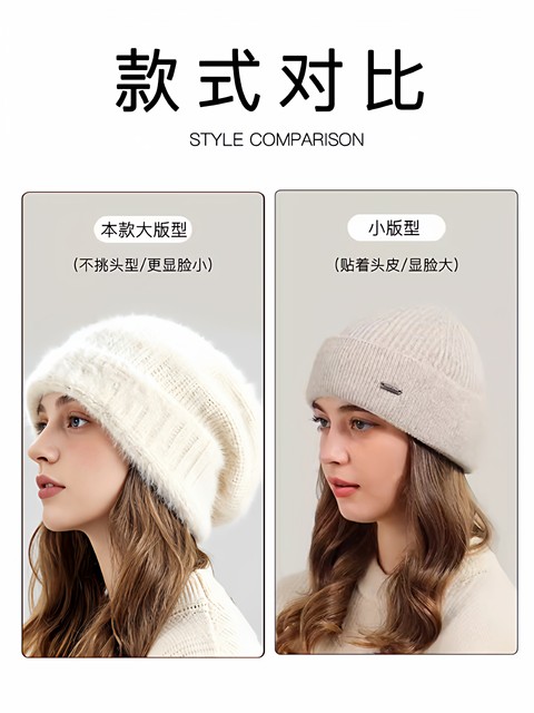 Yanren Women's Knitted Hat, Warm and Thick, Large Head Circumference, Makes Face Look Smaller, Plush Rabbit Fur Hat, Ear Protection, Knitted Hat, 2025 New Model