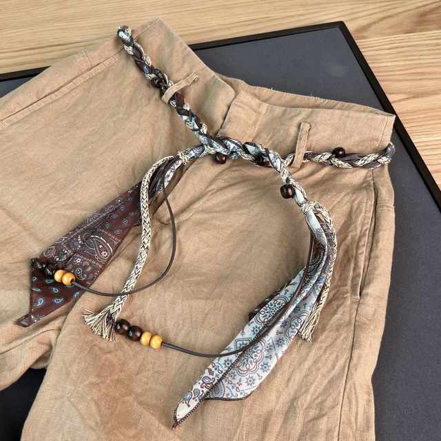 2025 Autumn Bohemian Style Silk Scarf Wax Rope Braided Waist Chain Thin Belt Paired with Floor-Length Pants and Skirt Beaded Waist Rope
