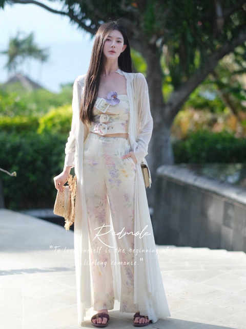 Redmole100% ນຳເຂົ້າ ramie cotton floral custom-dyed design tube top straight pants suit