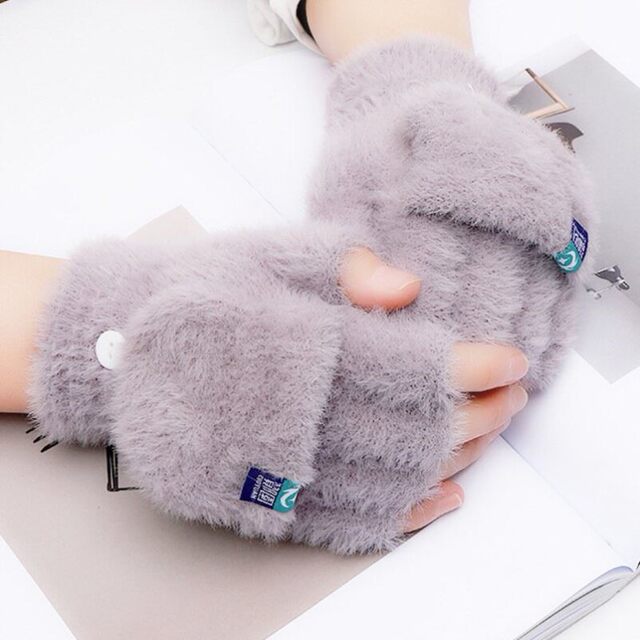 Couple's Student Writing Gloves, Winter Half-Finger Fleece-Lined Thickened Flip-Top Autumn and Winter Knitted Wool Cycling Warm Gloves
