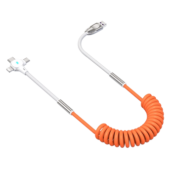 120W Super Fast Charging 3-in-1 Data Cable Compatible with Huawei, Apple, Vivo Phones, One-To-Three 6A Type-C Charging Cable, Extended Color-Block Spring Car Charger Cable, Zinc Alloy Head, Thickened Cable