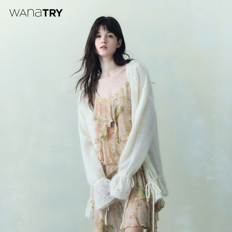 [Celebrity Style] Wana Try Wool Mohair Drawstring Jacquard Cardigan 26 Autumn New Lazy Knit Sweater