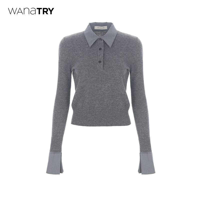 Wana Try 100% Sheep Wool Color-Blocked Collar Patchwork Knit Sweater 26 Autumn New Versatile Casual Polo Top for Women Wana Try 100% Sheep Wool Color-Blocked Collar Patchwork Knit Sweater 26 Autumn New Versatile Casual Polo Top for Women
