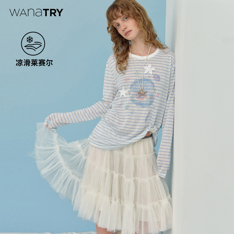 Wana Try Three-Dimensional Embroidered Shell Print Long-Sleeved 2026 Autum New Blue and White Stripesd Casual T-Shirt for Women Wana Try Three-Dimensional Embroidered Shell Print Long-Sleeved 2026 Autum New Blue and White Stripesd Casual T-Shirt for Women