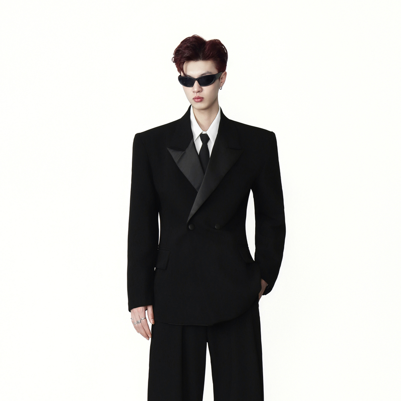Unmirr Designer Collar Patchwork Black Blazer Men's High-End Double-Breasted Casual Suit Set