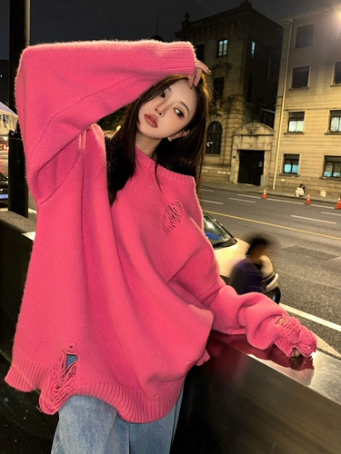 Розовый зимний цветной свитер, трикотажный кардиган, увеличенная толщина, круглый воротник, оверсайз