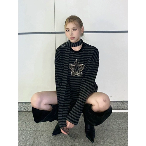 Ретро осенний лонгслив для отдыха, в американском стиле, круглый воротник, оверсайз, в стиле панк