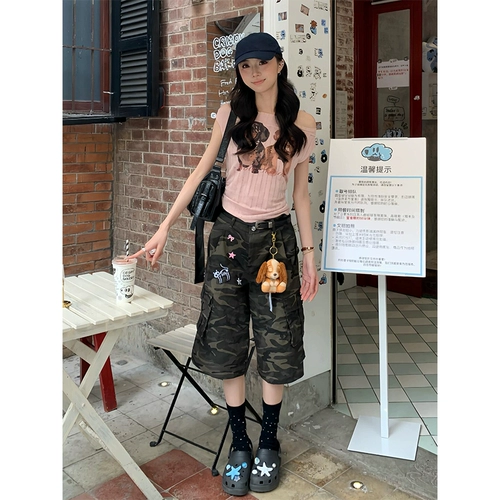 Ретро камуфляжные штаны, спортивные шорты, в американском стиле, свободный крой