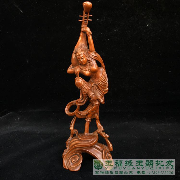 Boxwood Carved Flying Apsaras Rebound Pipa Small Ornament Wood Carving Beauty Home Decoration Ornament Antique Wood Carving Antique Woodenware