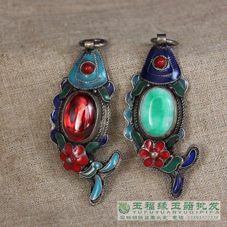 Antique miscellaneous collection white copper cloisonne Zircon ruby pendant Vintage pendant necklace sweater chain women