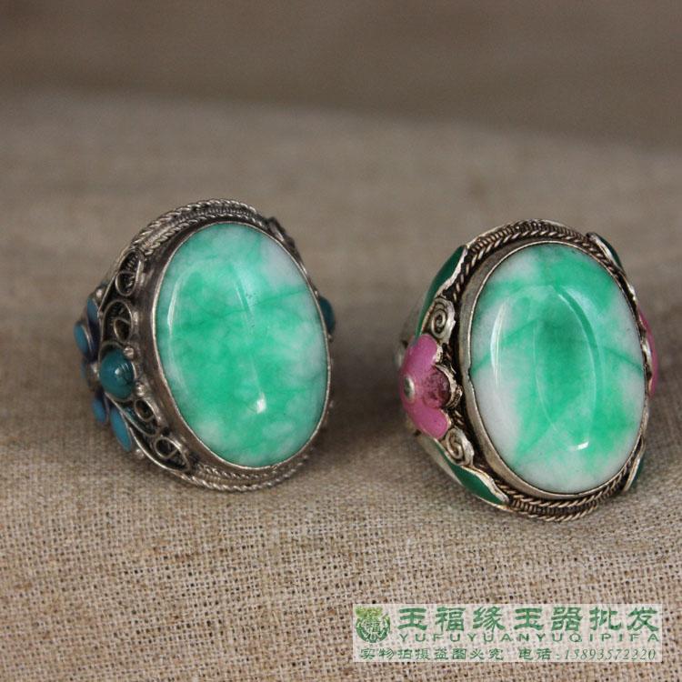Ancient play miscellaneous Tibetan silver Jingtai blue inlaid jewel jade stone green jade jade ring inner diameter adjustable