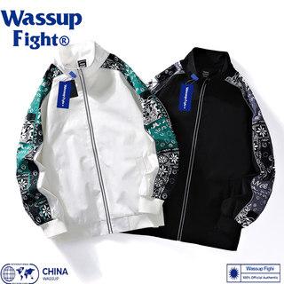 Wassup Fight Spring and Autumn Stand Collar Jacket for Men, Loose American Style Trendy Brand Casual Versatile Waist Floral Pattern Coat for Men