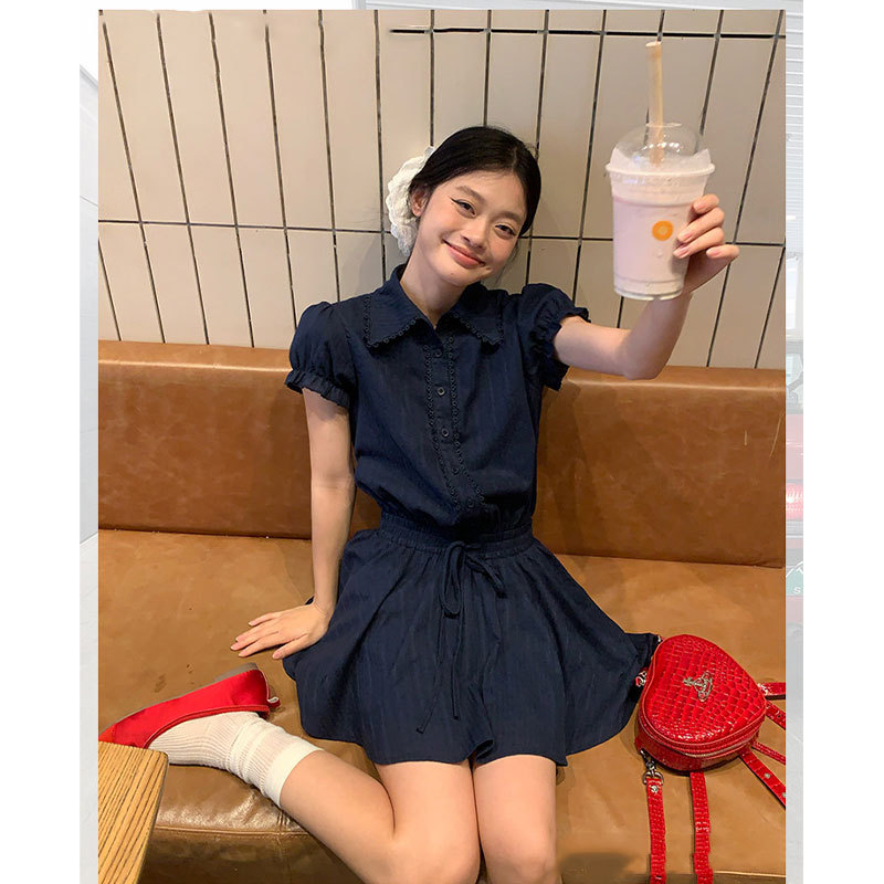 Korean-Style College Wind Puff-Sleeve Shirt with Waist-Cinching Elegant Summer Dress for Women 2026 New Short Skirt for Petite Figures