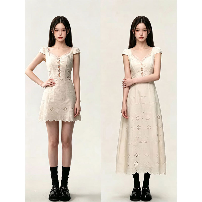 In Stock, the New 2026 Summer Short Dress for Women, Featuring a French-Style White Elegant Waist-Cinching Design, Perfect for the Season