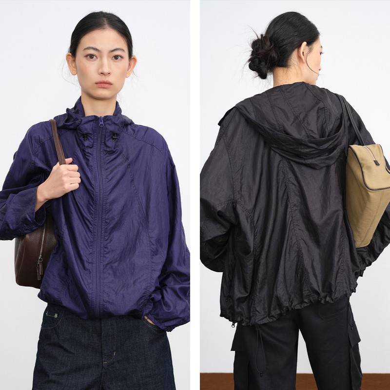 New Exclusive Series Ultra-Light Shimmer 14mm Silk Nylon Jacket for Women, Lightweight Functional Outdoor Black and Purple Coat