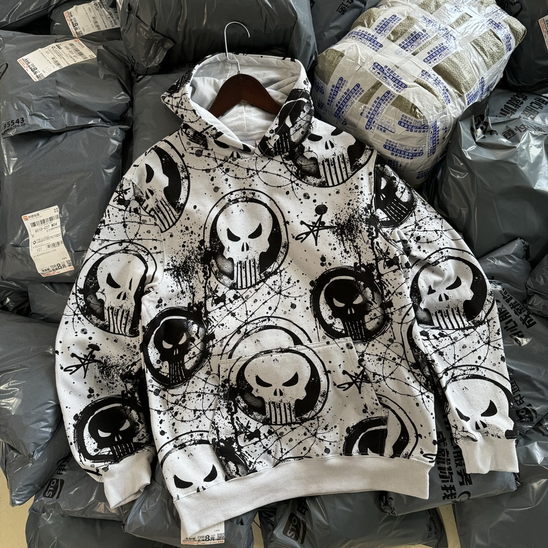 American Punisher Skull Ink Splatter Graffiti All-Over Print Hooded Sweatshirt Autumn Winter Thin Fleece Hoodie Unisex 577