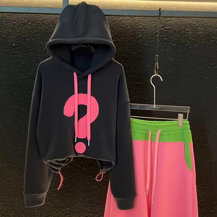 Black Hooded Pullover Long-Sleeved Sweatshirt for Women, Spring New Style, Fashionable Korean Style, Loose, Slimming, Trendy Printed Unique Top
