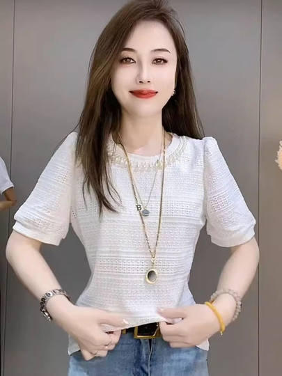 圆领钉珠拼接蕾丝短袖衬衫女夏季时尚洋气宽松显瘦休闲纯色雪纺衫
