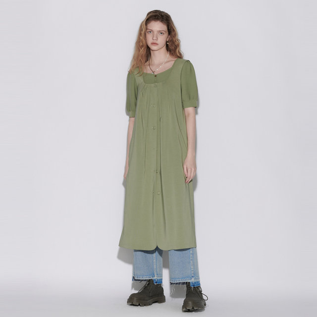 MSLAN French retro style summer green sleeveless pleated skirt A-line MEBA5103