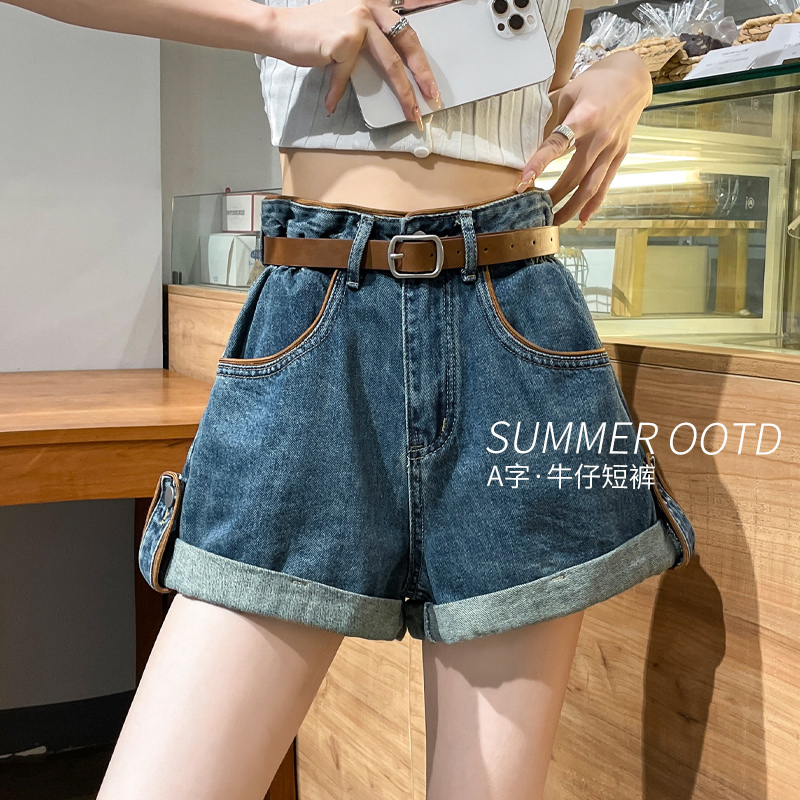 Hip-Covering A-Line Soft Denim Shorts for Women, Summer Thin High-Waisted Slimming Pear-Shaped Body Loose Fit with Ruffled Hem Wide-Leg