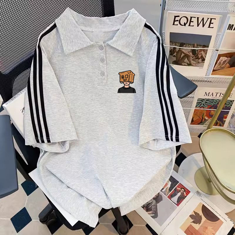 Three-Stripe Polo Short-Sleeved T-Shirt for Men in Summer American Fashion Brand Heavy Cotton T-Shirt for Boys Loose Half-Sleeved Top
