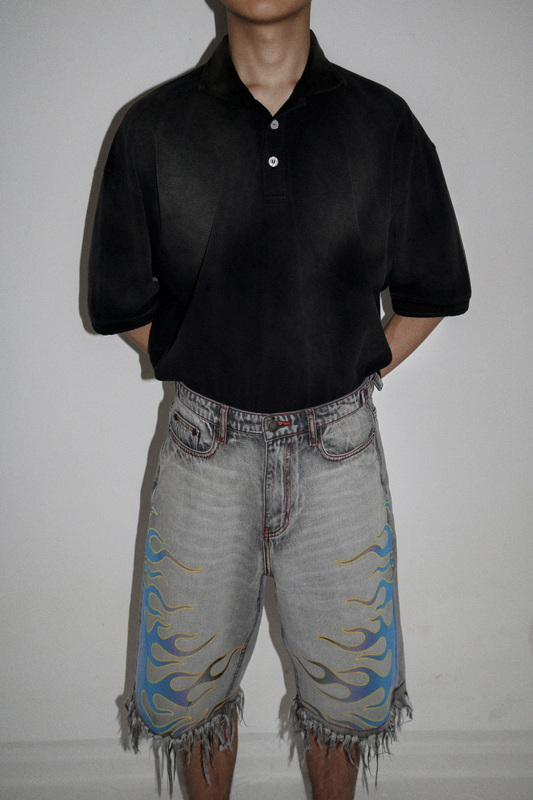 Rannita Flame Knight Adjustable Waist Buckle Retro Flame Denim Shorts Rannita Flame Knight Adjustable Waist Buckle Retro Flame Denim Shorts