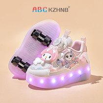 ABC girls Kuromi four-wheeled heelys girls swivel buckle princess shoes childrens charging luminous shoes roller skates
