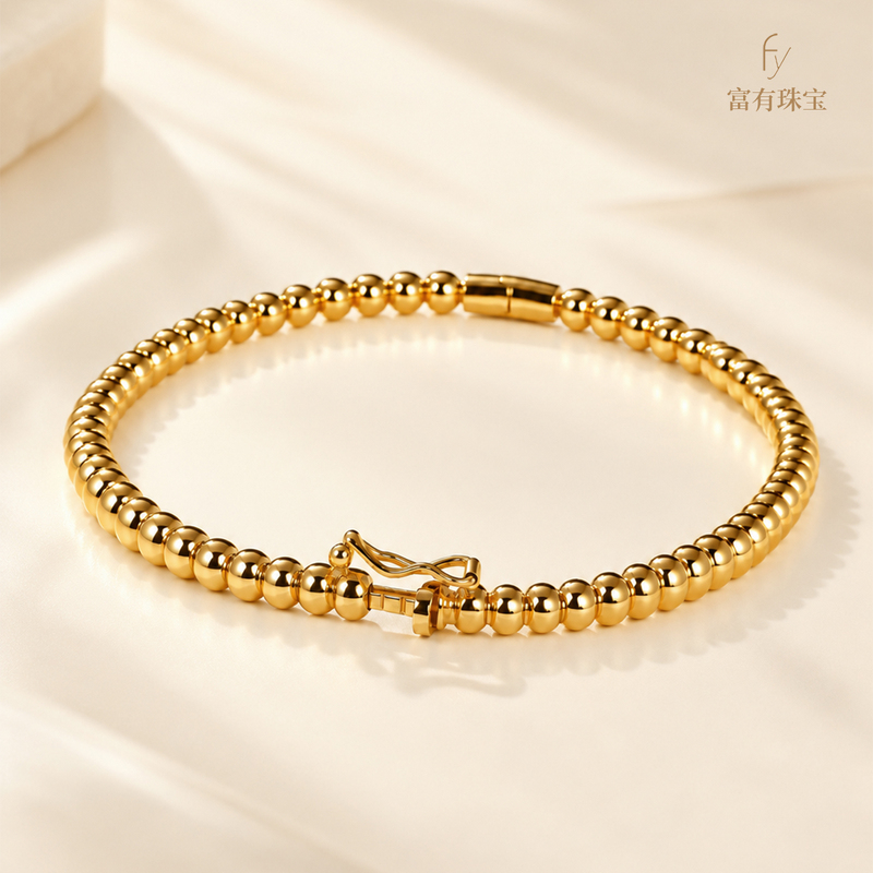 Rich in Jewelry, All-Over 18K Gold Bead Bracelet Au750, Simple Plain Gold Jewelry, Stackable Round Bead Bracelet for Women