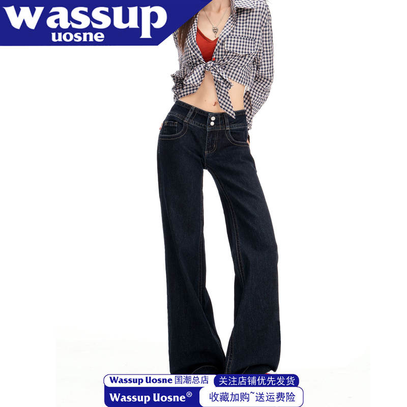 American Retro Denim Blue Low-Waist Flared Jeans for Women, Spring Season, Petite, Slimming, Loose Straight-Leg, Drapey Long Pants