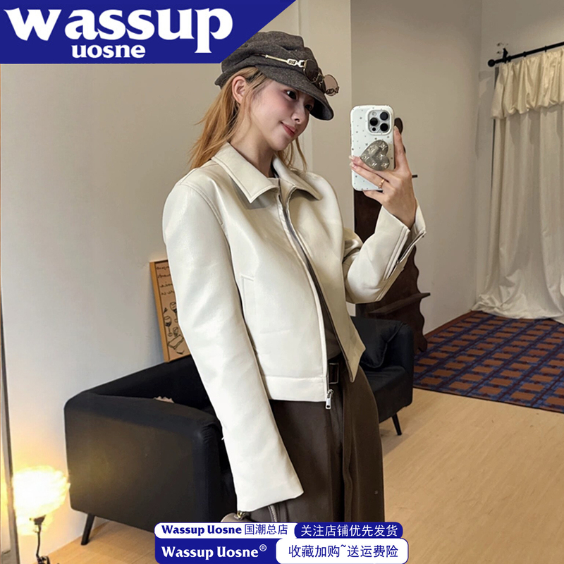 【Versatile Style】American Retro Off-White Turn-Down Collar Vintage Leather Jacket Pu Leather Motorcycle Jacket for Women in Autumn 【Versatile Style】American Retro Off-White Turn-Down Collar Vintage Leather Jacket Pu Leather Motorcycle Jacket for Women in Autumn