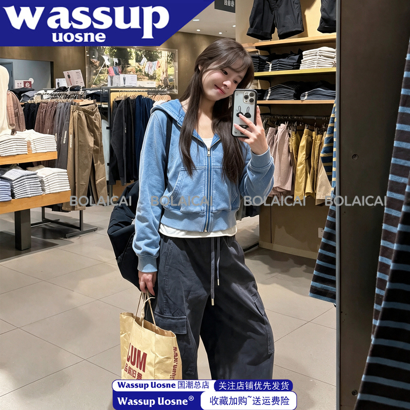 American-Style Washed Vintage Blue Zip-Up Hoodie for Women, New Autumn Design, Trendy Short Jacket