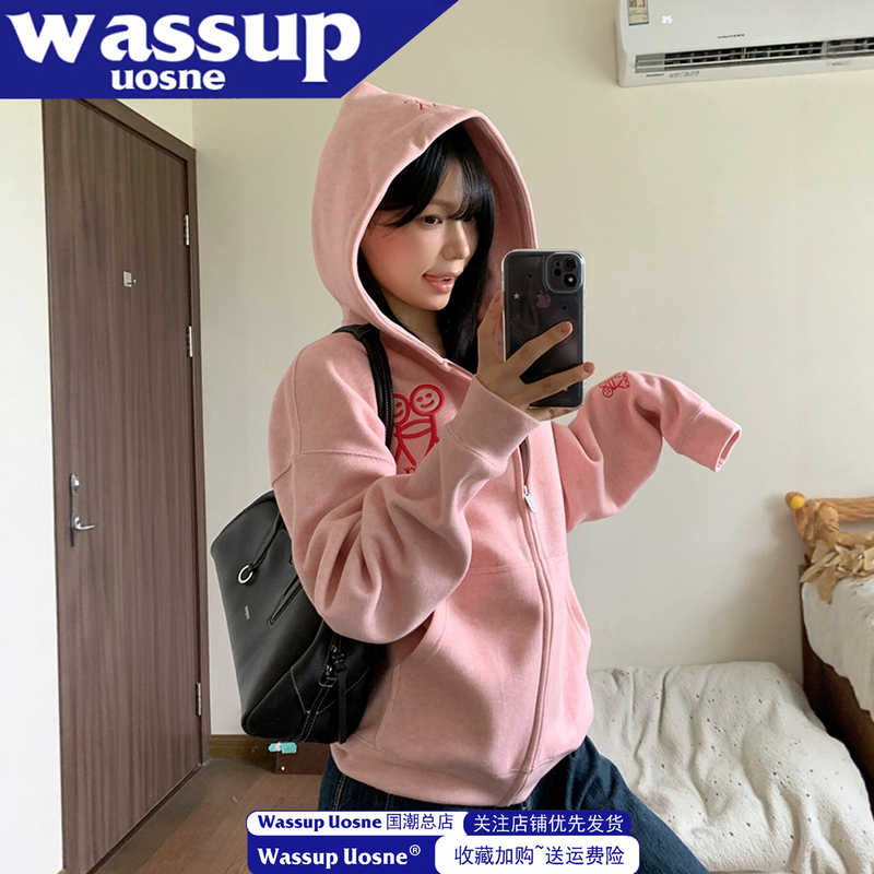 Korean-Style Niche Stickman Embroidery Cardigan Sweatshirt Jacket for Women, New Autumn Loose Casual Hooded Top