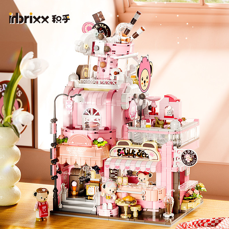 inbrixx Jihu Teddy Bear Vitality Молочный чайный домик с видом на улицу Строительные блоки Головоломка в сборе Украшение рабочего стола праздничный подарок