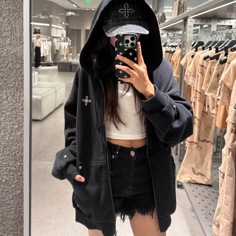 Cross Pattern Classic Zipper Hoodie Pure Cotton Loose Boyfriend Style Oversized Cardigan Sweatshirt Jacket for Women