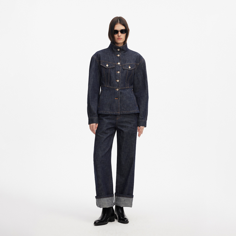 Saumple Study Symp Hourglass Silhouette Waist-Cinching Stand Collar Raw Denim Jacket Saumple Study Symp Hourglass Silhouette Waist-Cinching Stand Collar Raw Denim Jacket
