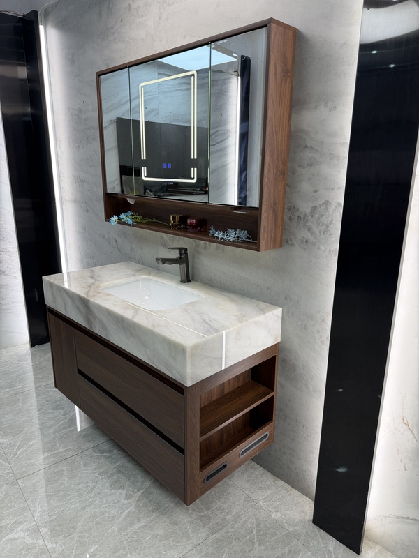 Flowing Gold Sand Marble Countertop with Integrated Undermount Ceramic Basin, Feng Shui Mirror Cabinet, Bathroom Vanity Sink