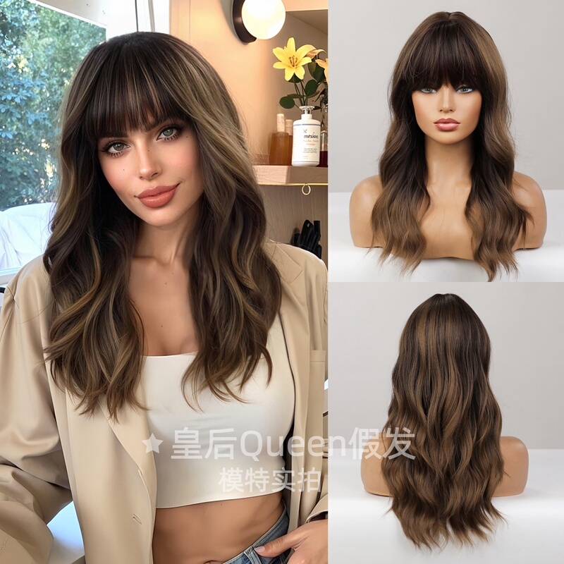 European and American Style Wigs with Fashionable Highlights in Brown, Long Curly Hair with Bangs, Suitable for Daily Wear, Breathable Full Head Wig Made of High-Temperature Fiber European and American Style Wigs with Fashionable Highlights in Brown, Long Curly Hair with Bangs, Suitable for Daily Wear, Breathable Full Head Wig Made of High-Temperature Fiber