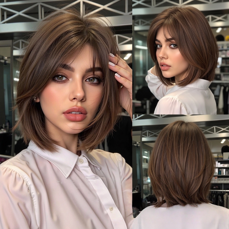 European and American Style Brown Wig with Bangs, Short Straight Hair Wig for Women, Natural and Comfortable for Daily Use, Heat-Resistant Synthetic Fiber Wigs