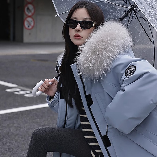 2026 Winter New Style Fur Collar Parka down Jacket for Women, Loose Korean Version, Petite White Duck down Workwear Jacket, Windbreaker