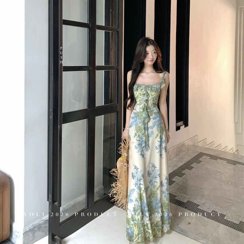 Yoli Zhang Youli "Phuket Summer" Green Square-Neck Dress for Women, Seaside Resort Style Ruffled Long Dress