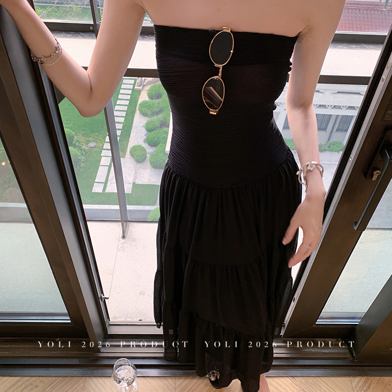 Yoli Zhang Yuli's "Greek Goddess" Black Strapless Dress for Women, Summer Simple and Elegant, Waist-Cinching, Slimming Long Dress