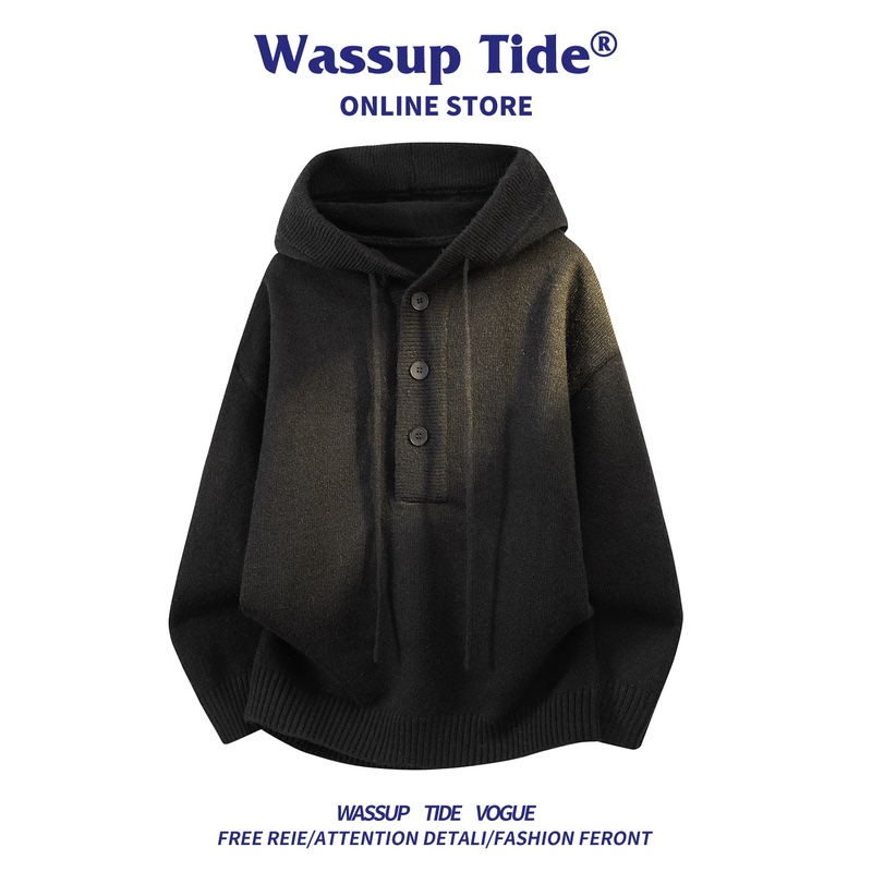 Wassup Tide Trendy Brand Hooded Button Sweater Men's Black High-End Versatile Knitwear Jacket Wassup Tide Trendy Brand Hooded Button Sweater Men's Black High-End Versatile Knitwear Jacket