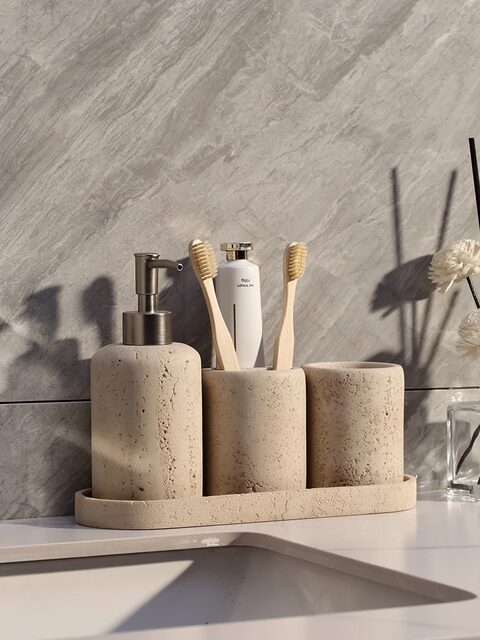 Aisonio Travertine Wash Set, Mouthwash Cup, Bathroom Light Luxury Hotel Bathroom Electric Toothbrush Holder