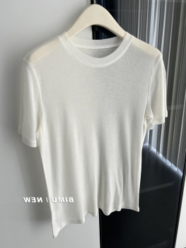 Tencel wool short sleeve mask t-shirt women's round neck right shoulder