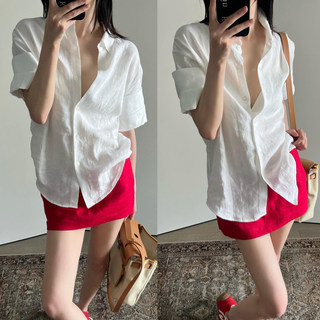 High-End and Elegant White Linen Shirt in the Old Money Style, Regular Shoulder Short-Sleeved Women's Summer Casual, Lazy and Breathable Cotton-Linen Shirt