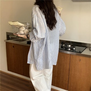 Old Money Style Relaxed Linen Striped Shirt for Women, Summer Thin Loose Lazy Style Cotton-Linen Shirt, Sun Protection Top