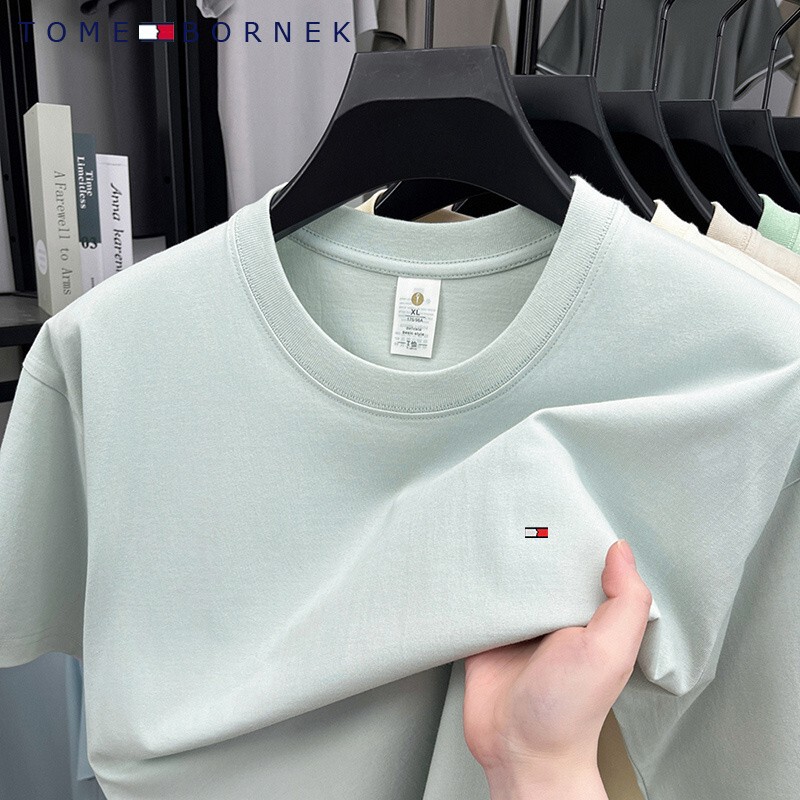 Counter Genuine Tommy Pure Cotton Short-Sleeved T-Shirt Men's Summer Pure Color Top Young and Middle-Aged Casual Round Neck Half-Sleeved Shirt