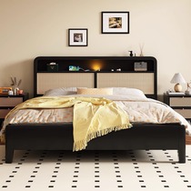 Rattan Nordic retro solid wood bed master bedroom 1 8m double bed French black wabi-sabi style bed mid-century style storage bed