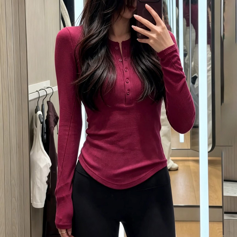 Tina's Hot Pink Raspberry Hoid Ribbed Henley Long-Sleeve Sports Casual T-Shirt Really Makes You Look Whiter Tina's Hot Pink Raspberry Hoid Ribbed Henley Long-Sleeve Sports Casual T-Shirt Really Makes You Look Whiter