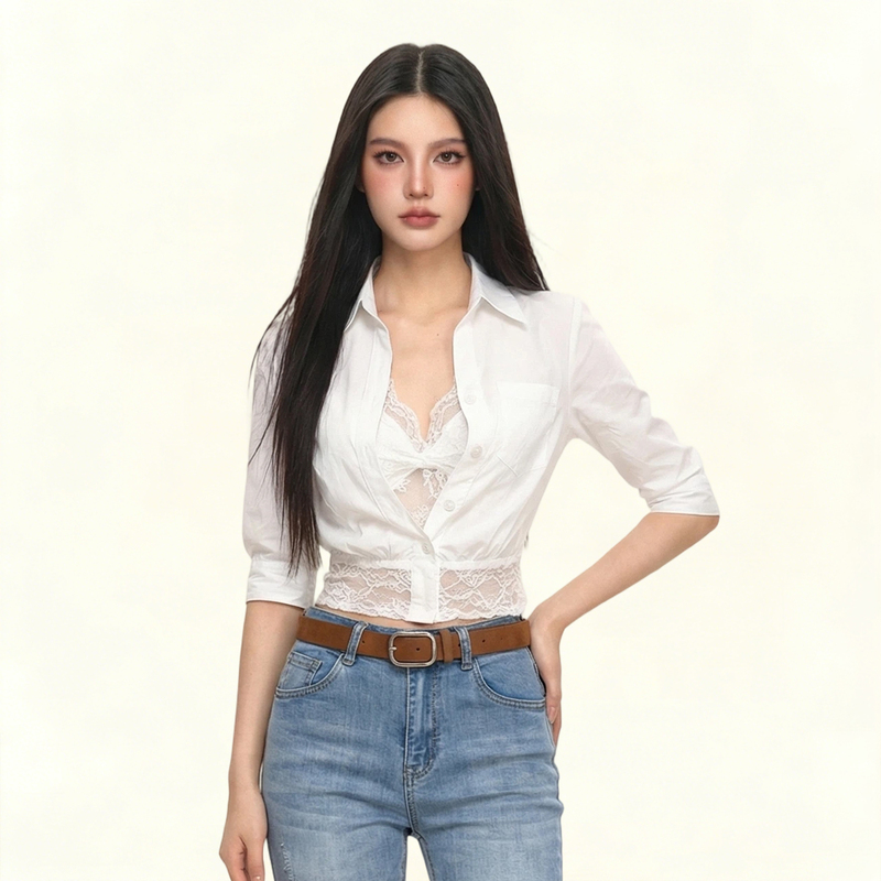 Korean-Style White Lace Patchwork Shirt for Women, Summer Niche Unique Fashion, Cropped Top That Shows the Navel, Very Pretty, Light and Mature Look